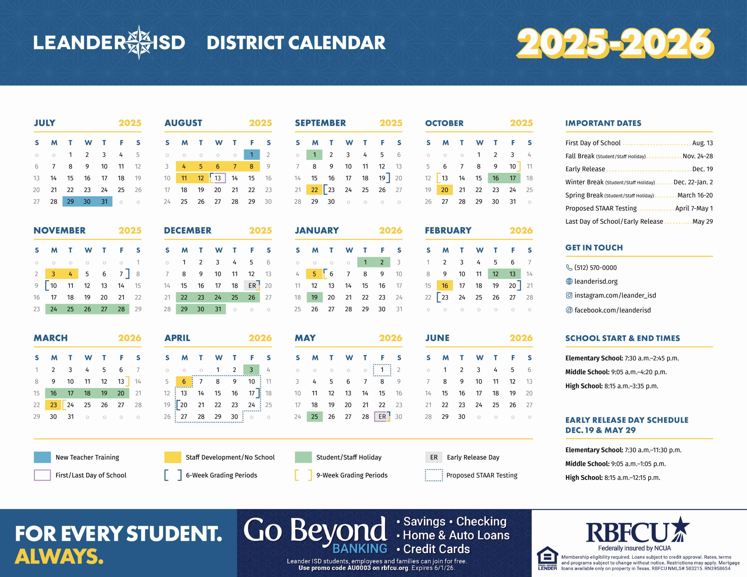 The academic calendar for Leander ISD's 2025-2026 school year